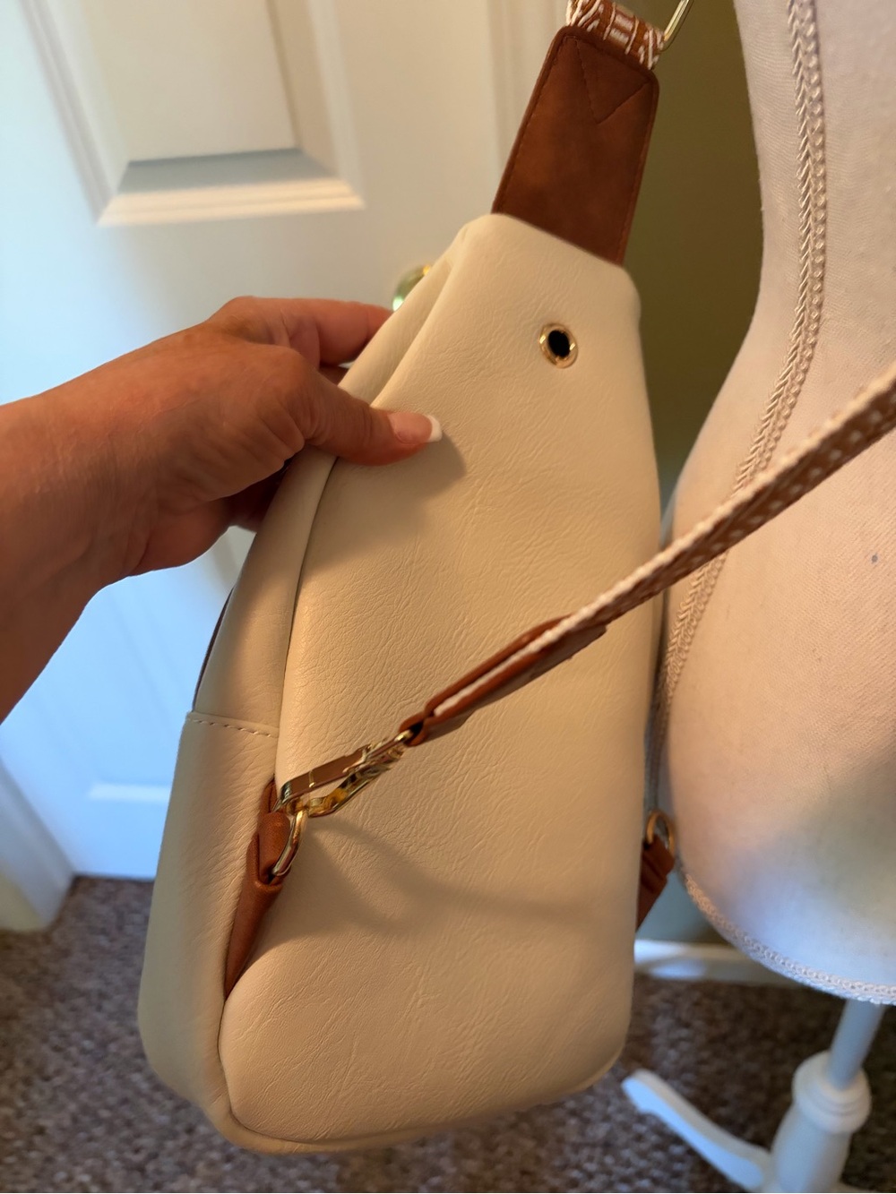 Cream Crossbody Sling Bag with Brown Trim - Picture 4 of 4